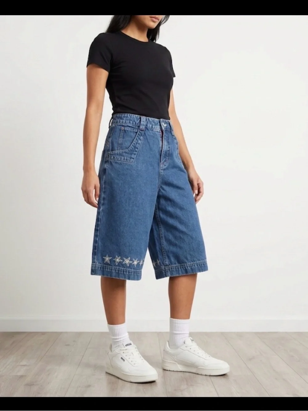 2b Analog Baggy Denim Jorts Shorts Size 2 / S Embroidered Stars Cyber Y2K Rave